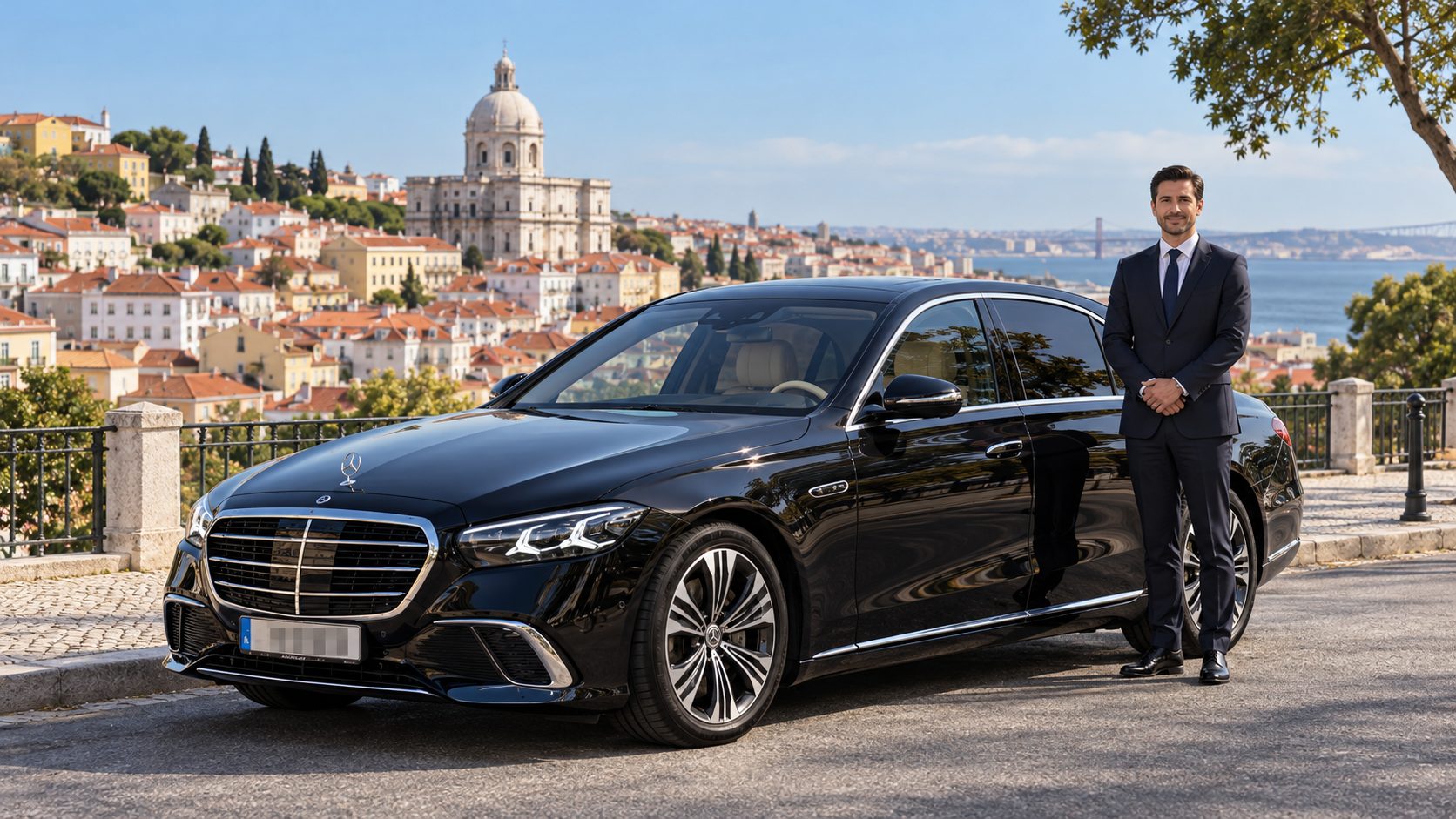 Chauffeur in a dark suit next to a black Mercedes-Benz S-Class at a Lisbon viewpoint, with the dome of the National Pantheon, the Tagus and the 25 de Abril Bridge behind