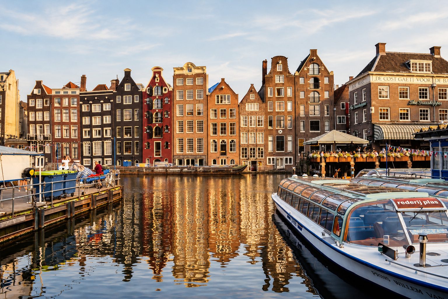 Historische Giebelhäuser am Damrak in Amsterdam, die sich im Wasser spiegeln, rechts ein Grachtenboot