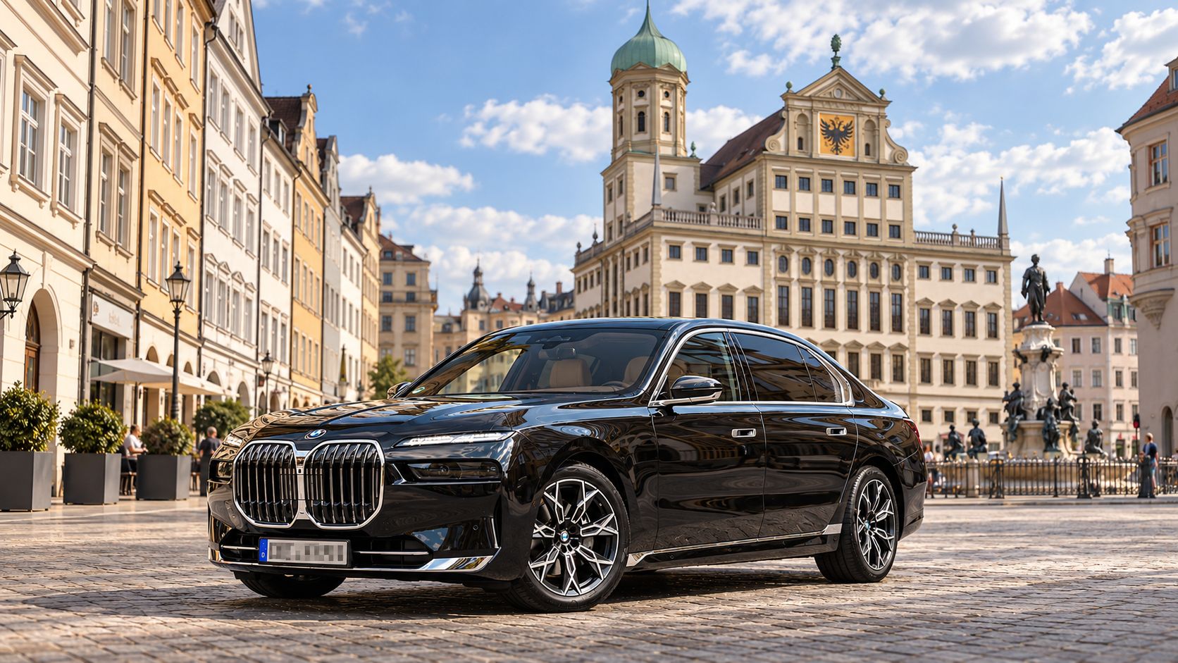 Schwarzer BMW 7er auf dem Rathausplatz in Augsburg, dahinter das Rathaus, der Perlachturm und der Augustusbrunnen