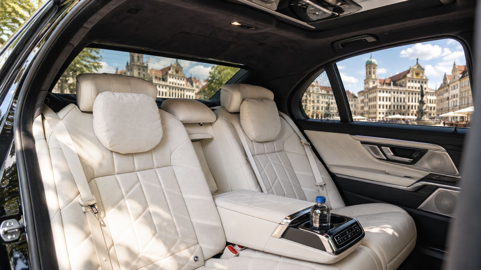 Light leather seats in the back of a saloon, a bottle of water in the centre console