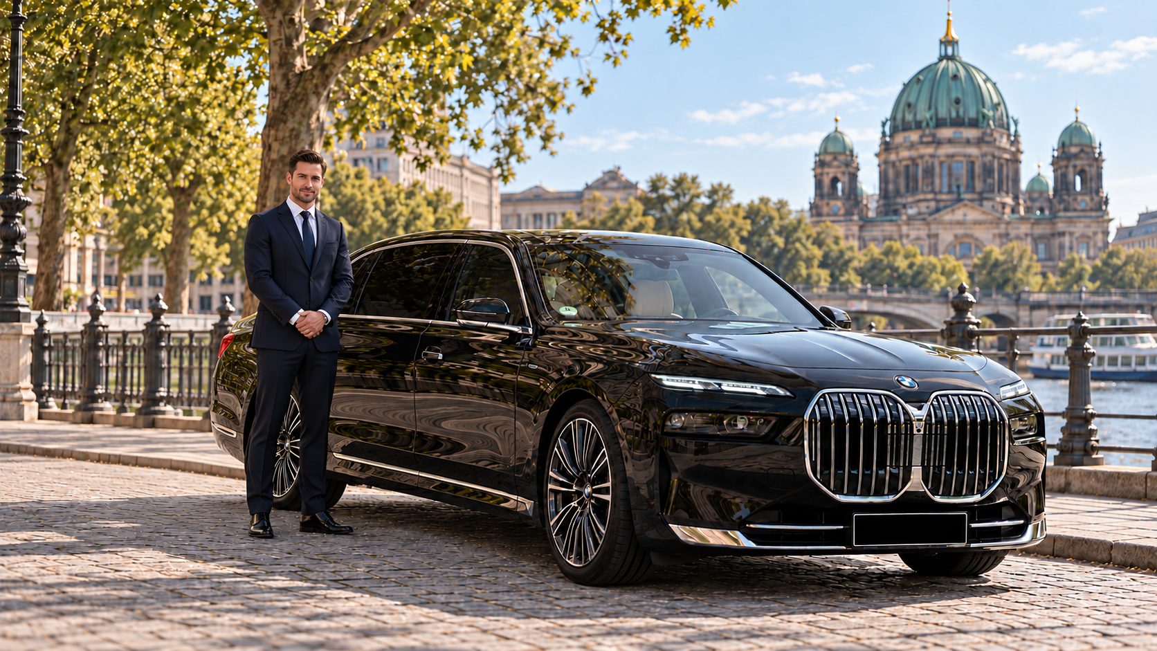 Chauffeur in a dark suit beside a black BMW 7 Series on the banks of the Spree, with Berlin Cathedral behind