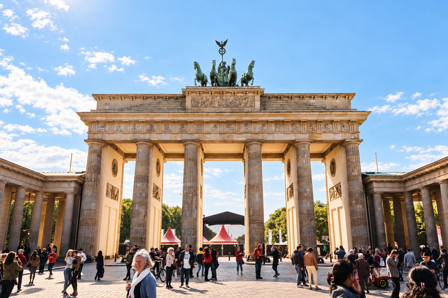 The Brandenburg Gate in Berlin with the Quadriga under a blue sky, passers-by in front
