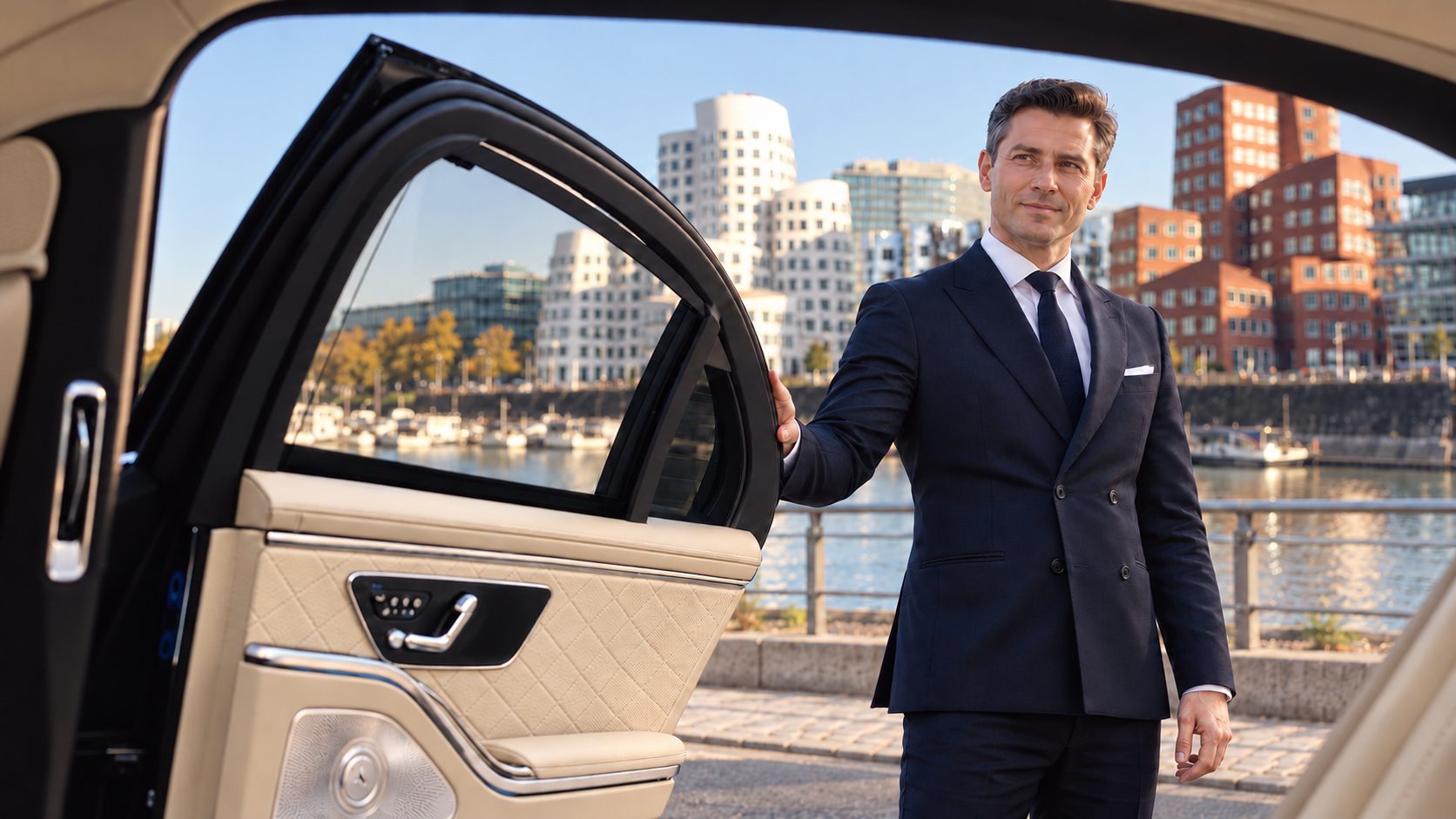 Chauffeur in a dark suit holding open the rear door of a Mercedes-Benz saloon with light leather trim, with Düsseldorf's MedienHafen and the Gehry buildings behind