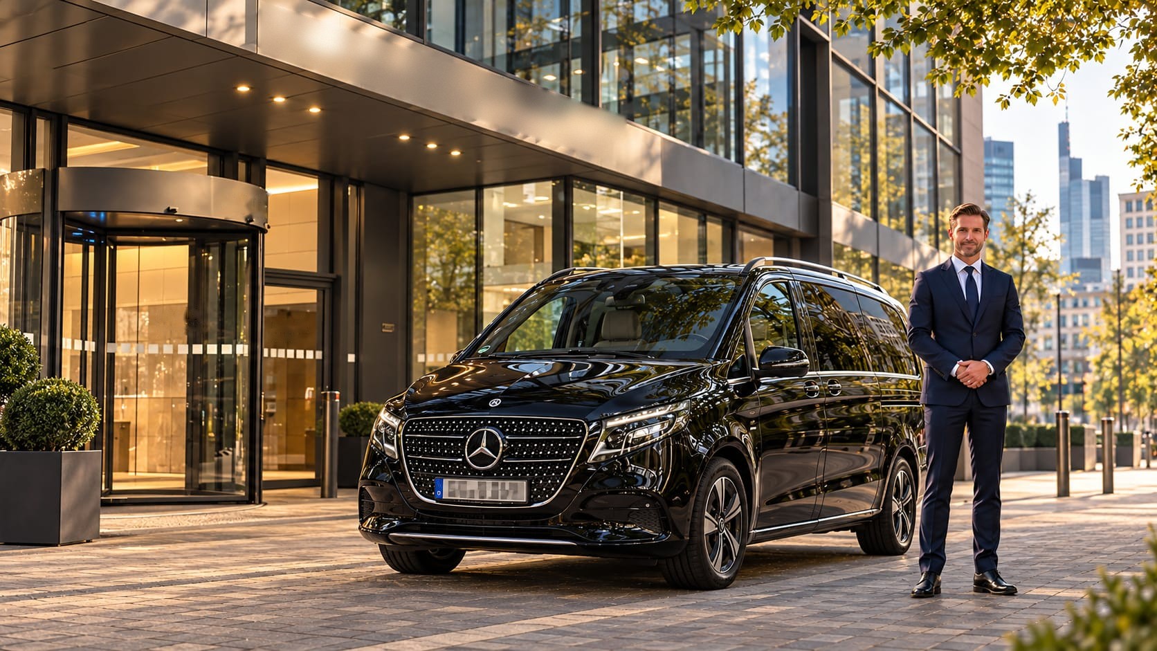 Chauffeur im dunklen Anzug neben einer schwarzen Mercedes-Benz V-Klasse vor einem Hoteleingang in Frankfurt, im Hintergrund Hochhäuser der Skyline