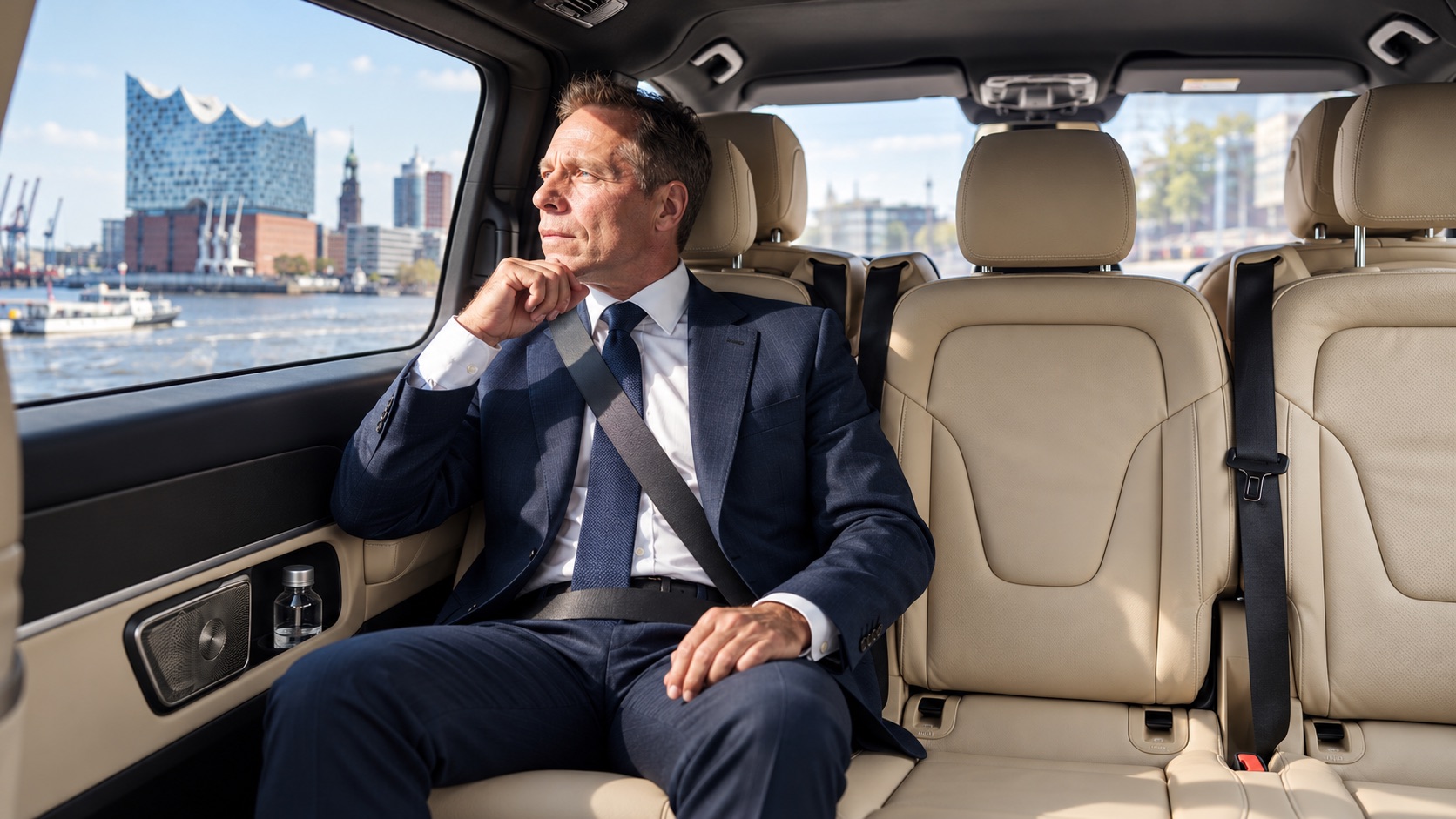 Chauffeur Service Hamburg: Geschäftsmann im Anzug im Fond einer Mercedes-Benz V-Klasse mit hellen Ledersitzen, durch das Fenster die Elbe und die Elbphilharmonie