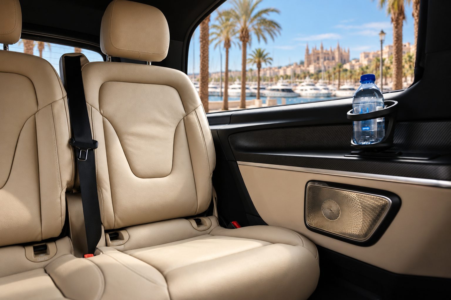 Mallorca shuttle: light leather seats in the back of a Mercedes-Benz V-Class, with palm trees, yachts in the Port of Palma and La Seu cathedral through the window