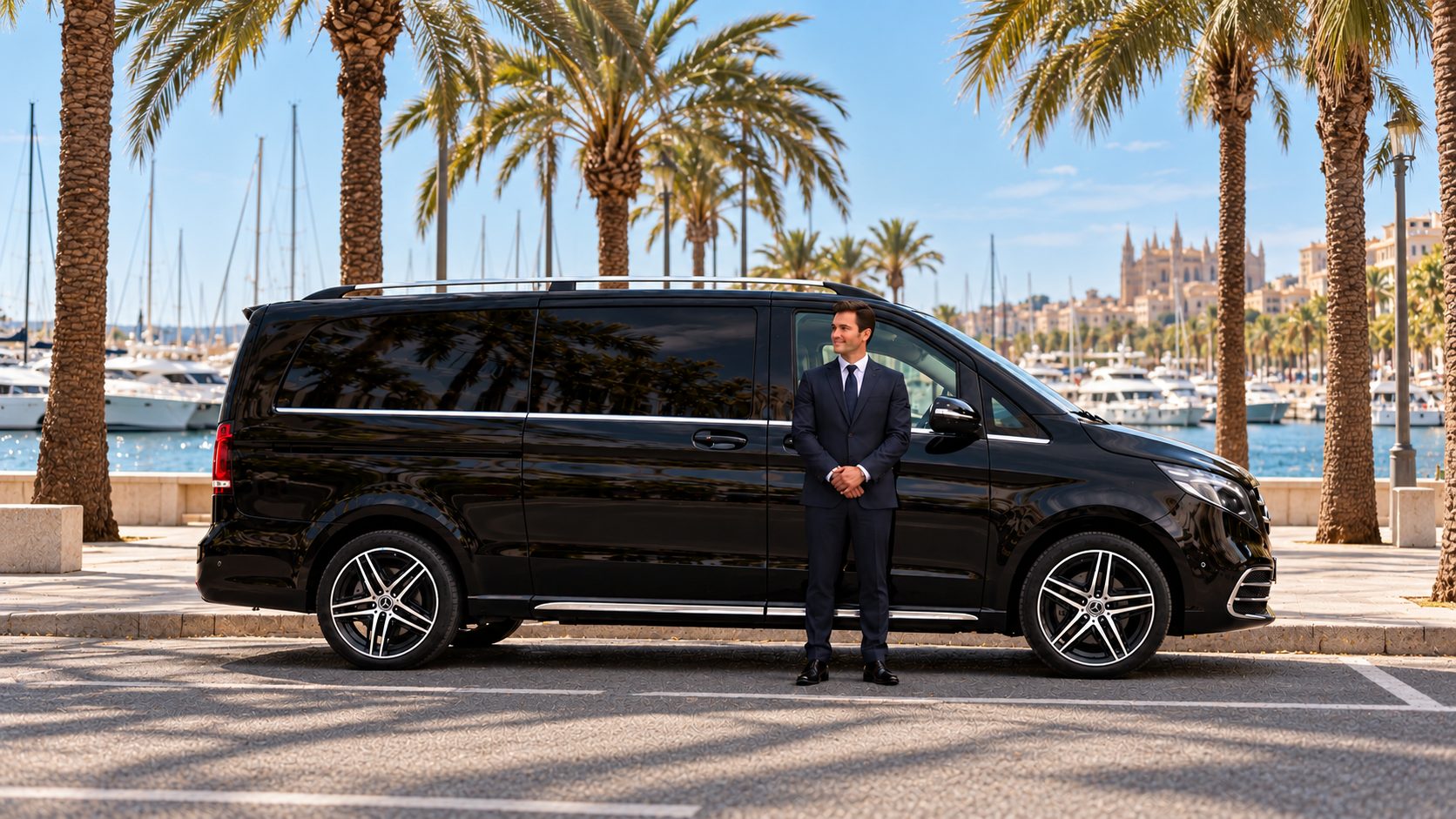 Chauffeur in a dark suit beside a black Mercedes-Benz V-Class under palm trees at the Port of Palma, with La Seu cathedral behind