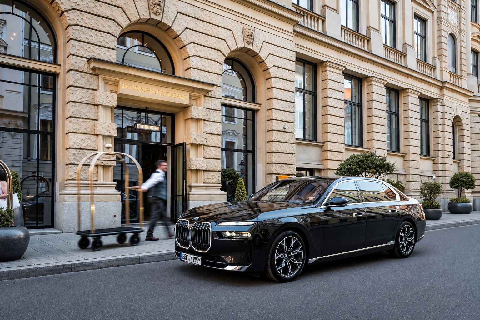 Black AYDEN BMW 7 Series outside a hotel entrance in Munich's old town, a hotel porter with a luggage trolley at the door