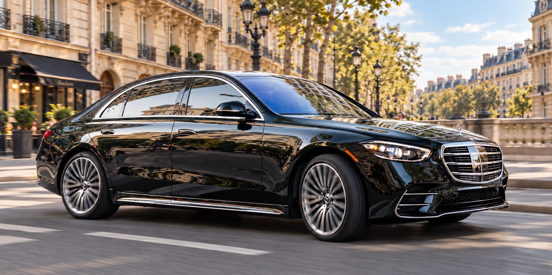 Chauffeurservice Paris: schwarze Mercedes-Benz S-Klasse der First Class auf einem Pariser Boulevard vor hellen Haussmann-Fassaden