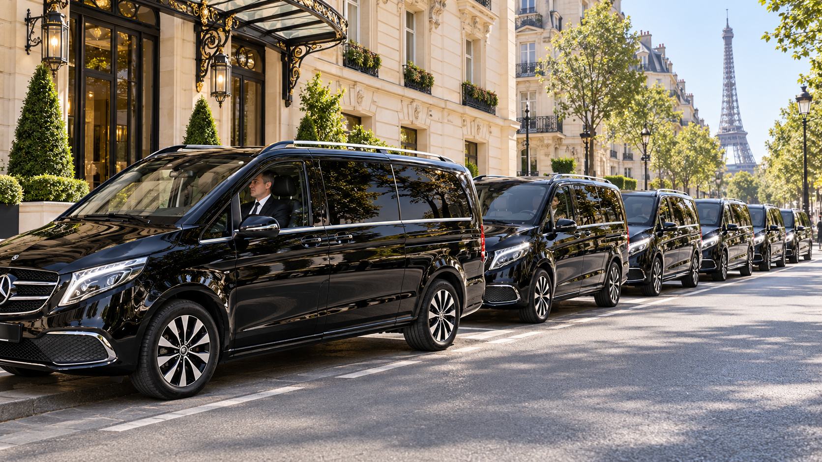 Schwarze Mercedes-Benz V-Klassen mit Chauffeur vor einem Pariser Hotel, im Hintergrund der Eiffelturm