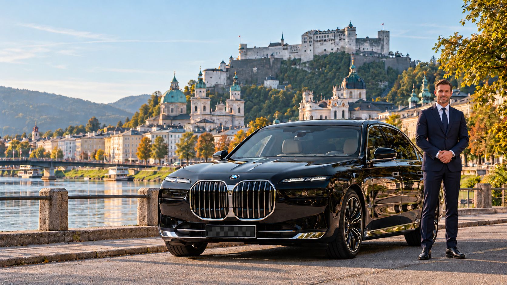 Chauffeur im dunklen Anzug neben einem schwarzen BMW 7er am Salzachkai, im Hintergrund Salzburger Dom und Festung Hohensalzburg