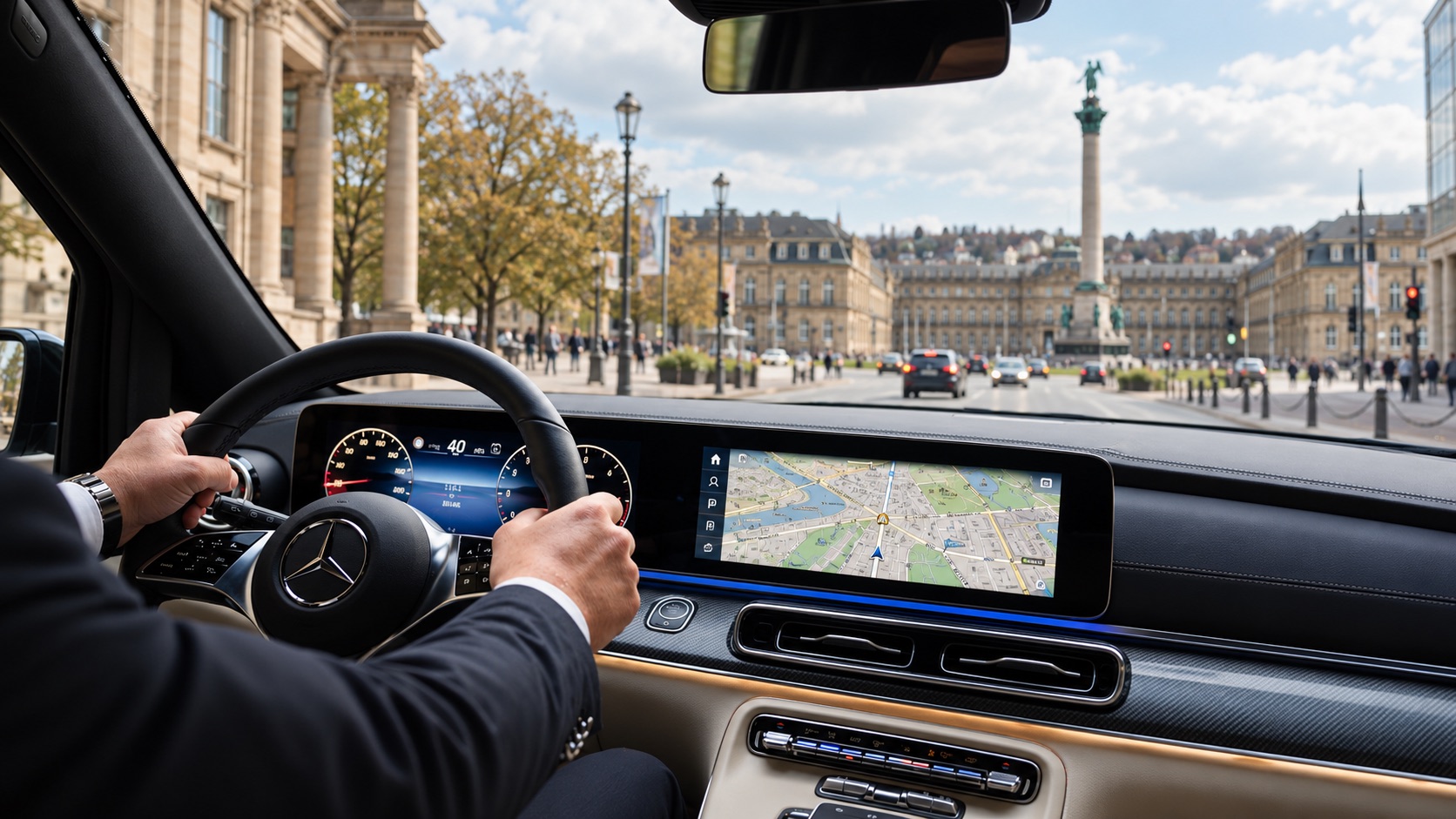 Chauffeurservice Stuttgart: Chauffeur im Anzug am Lenkrad eines Mercedes-Benz, auf dem Bildschirm die Navigation, durch die Frontscheibe der Schlossplatz mit Jubiläumssäule und Neuem Schloss