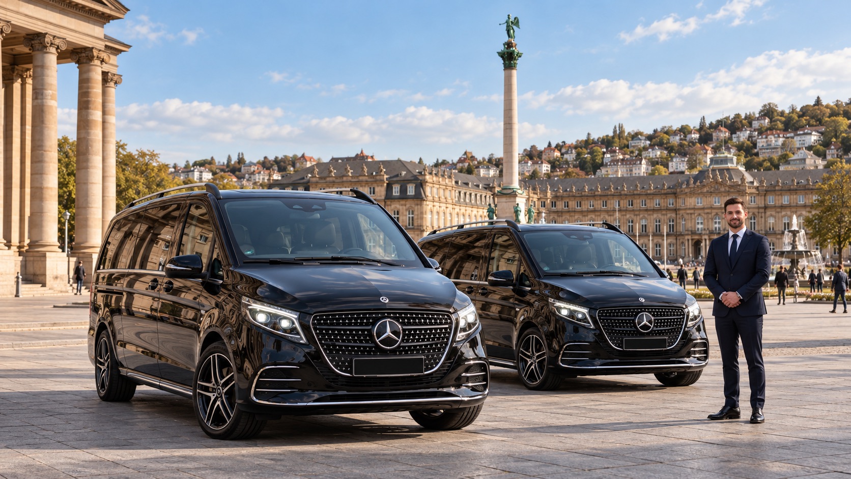 Zwei schwarze Mercedes-Benz V-Klassen auf dem Schlossplatz in Stuttgart, daneben ein Chauffeur im dunklen Anzug, dahinter das Neue Schloss und die Jubiläumssäule