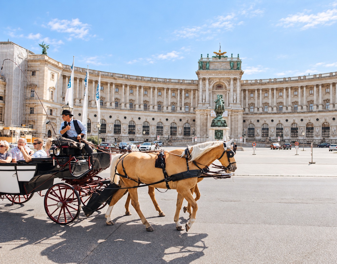 Fiaker carriage with two light-coloured horses and passengers on Heldenplatz in Vienna, with the Neue Burg wing of the Hofburg and the equestrian statue of Prince Eugene behind