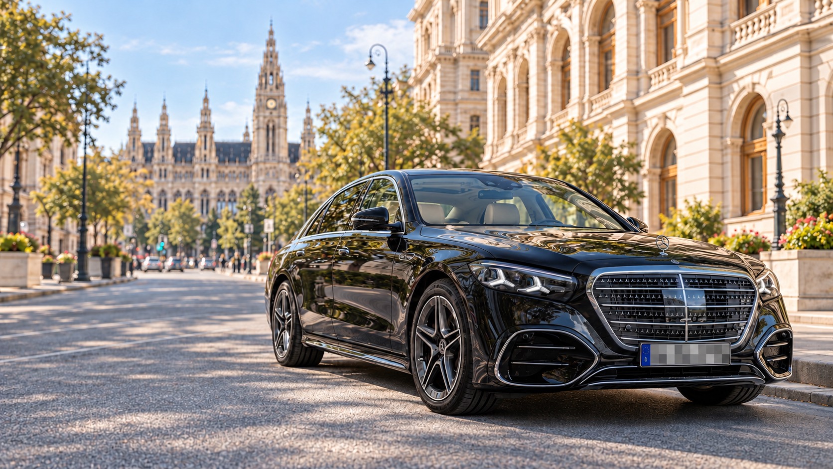 Chauffeur service Vienna: black Mercedes-Benz S-Class in First Class in front of Vienna City Hall, with a historic façade on the right