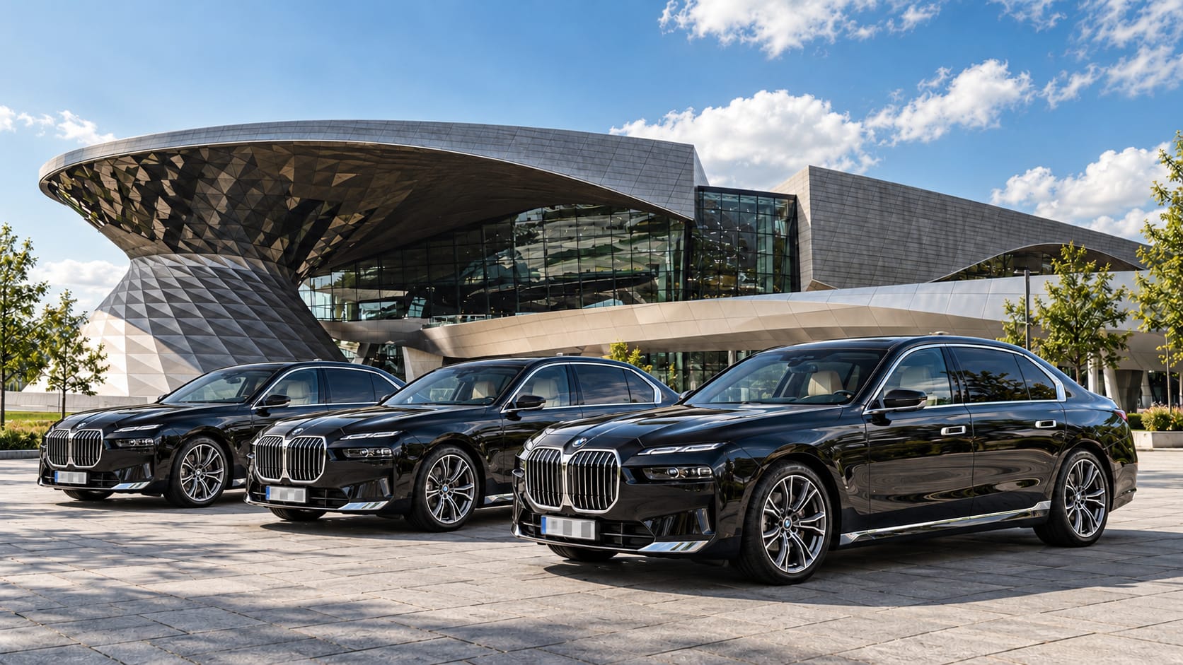 Drei schwarze BMW 7er Limousinen nebeneinander vor der BMW Welt in München