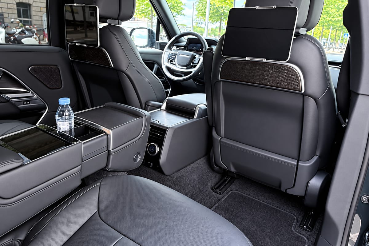 Rear cabin of the Range Rover with individual leather seats and a centre console