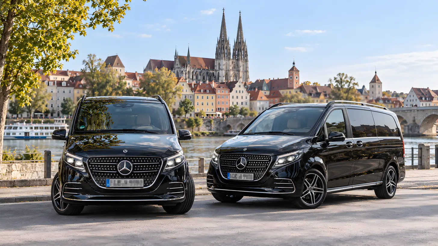 Zwei schwarze Mercedes-Benz V-Klassen am Donauufer in Regensburg, dahinter Altstadt und Dom St. Peter, rechts die Steinerne Brücke