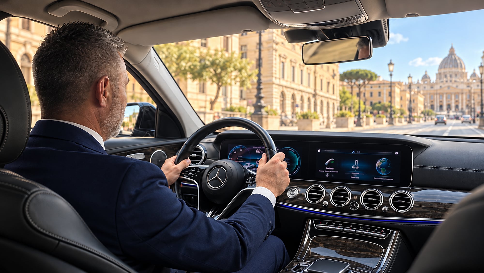 Flughafentransfer Rom: Chauffeur am Steuer einer Mercedes-Benz-Limousine, durch die Frontscheibe der Petersdom am Ende der Straße