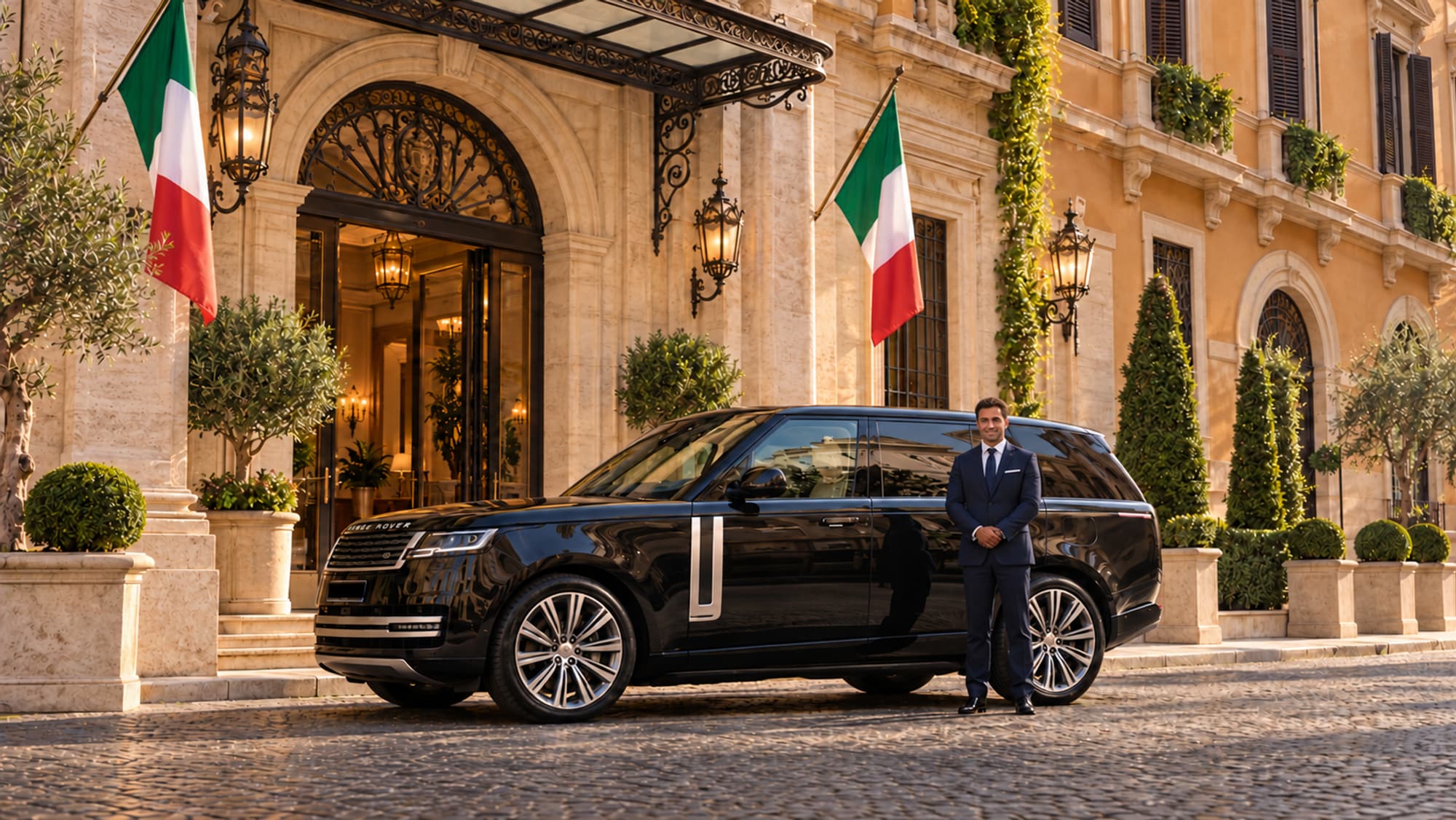 Chauffeur im dunklen Anzug neben einem schwarzen SUV vor dem Eingang eines Hotels in Rom, an der Fassade italienische Flaggen