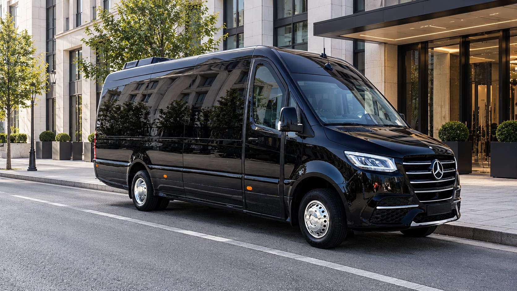 Black Mercedes-Benz Sprinter outside a hotel with a light stone façade – minibus with driver for groups of up to 17 people