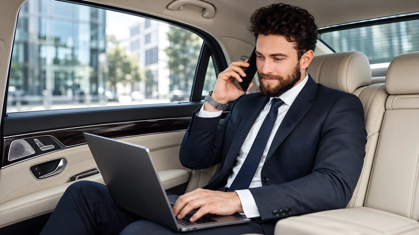 Businessman in a dark suit on the phone in the back of a saloon with light leather seats, working on a laptop