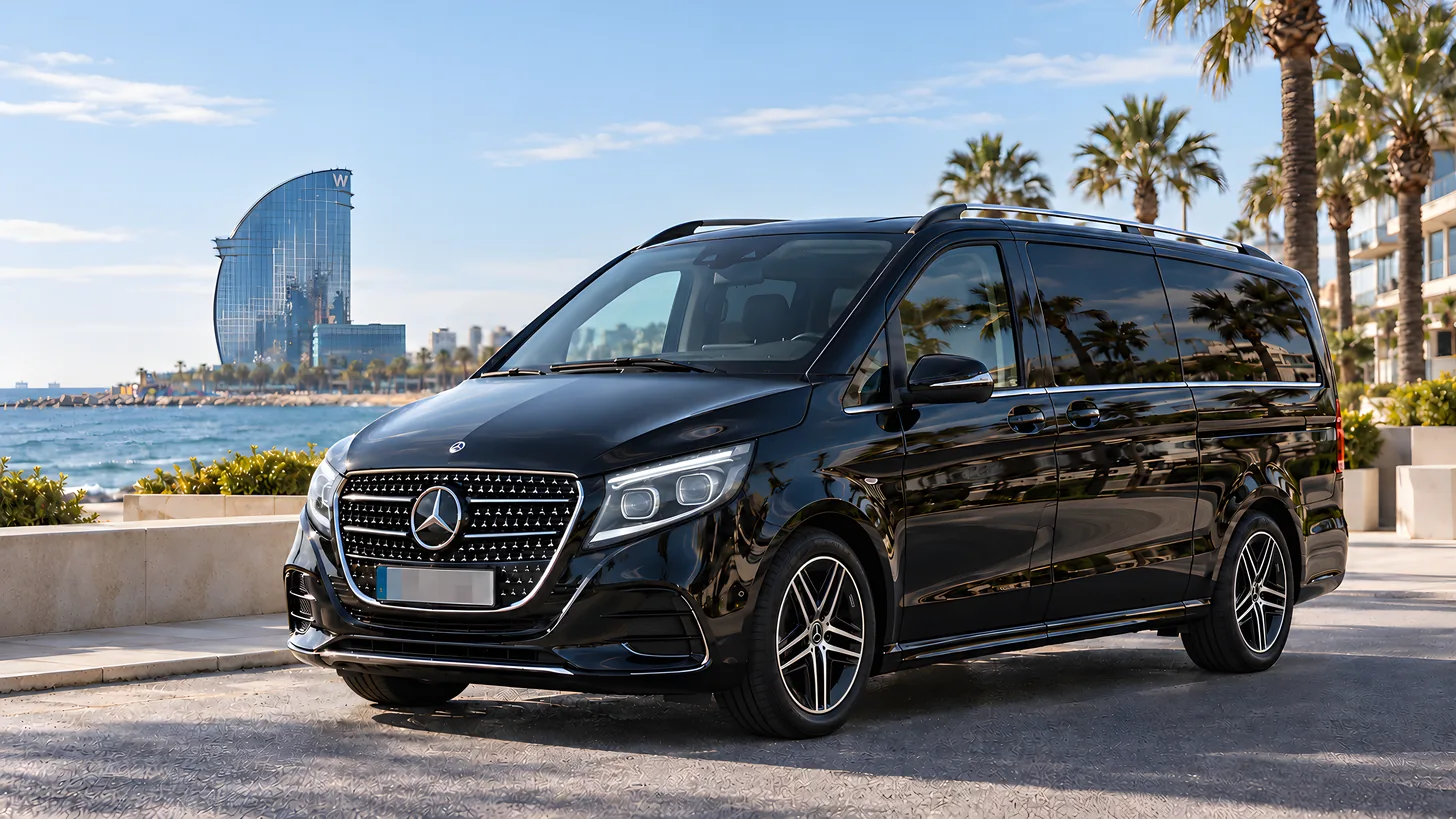 Schwarze Mercedes-Benz V-Klasse auf der Strandpromenade in Barcelona, dahinter Palmen, das Mittelmeer und der segelförmige Hotelturm an der Barceloneta