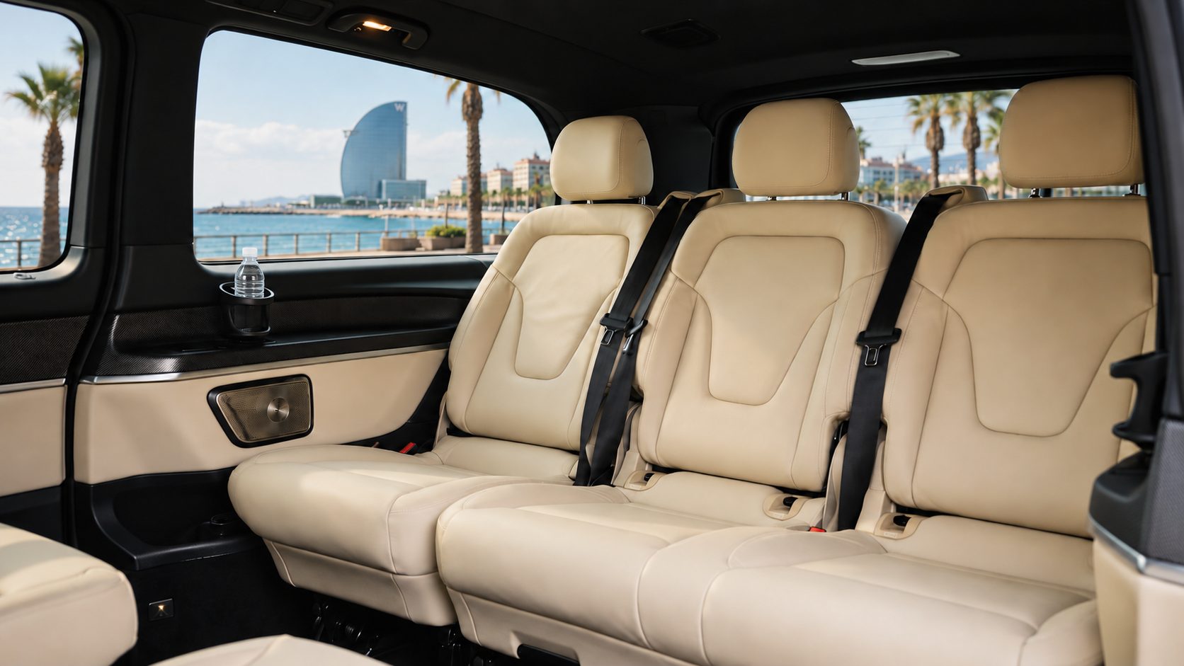 Private Transfer Barcelona: Fond einer Mercedes-Benz V-Klasse mit beigen Ledersitzen und einer Wasserflasche im Getränkehalter, durch das Fenster Strandpromenade, Palmen und der segelförmige Hotelturm an der Barceloneta