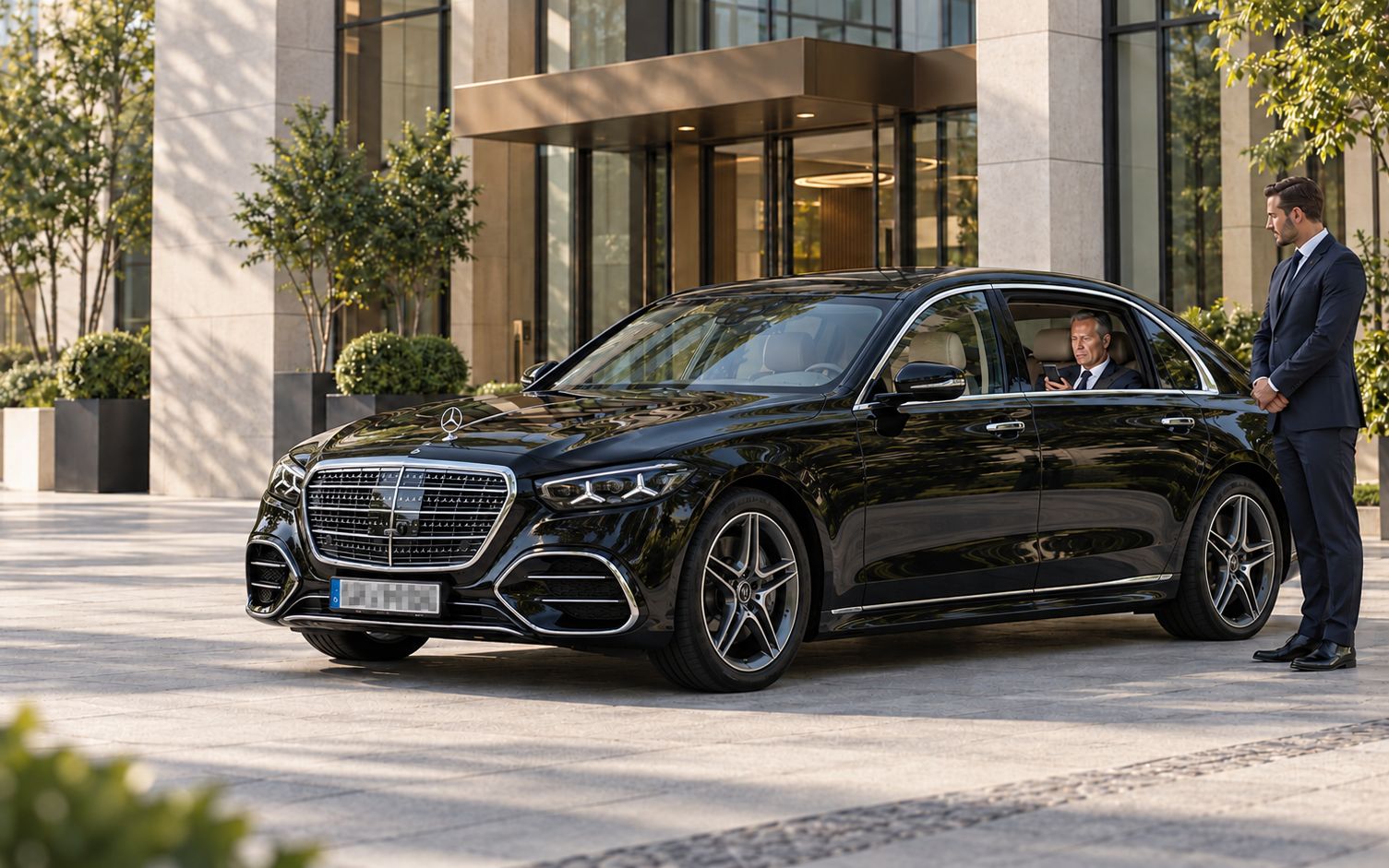 Schwarze Mercedes-Benz S-Klasse vor einer Firmenzentrale, im Fond ein Geschäftsmann, daneben wartet der Chauffeur