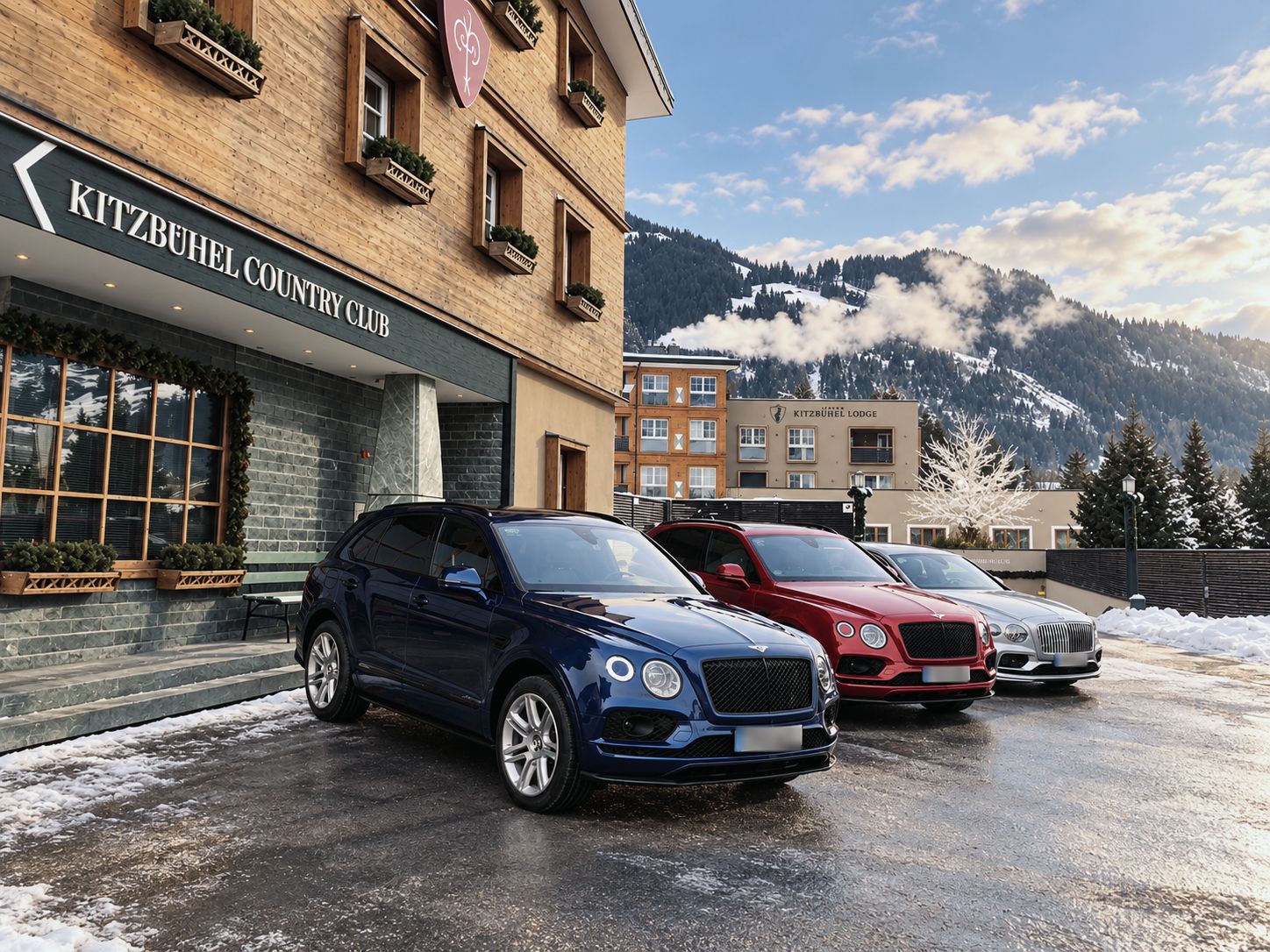AYDEN event shuttle: saloons and SUVs outside a chalet-style clubhouse with snow-covered mountains behind – guests arriving at the venue