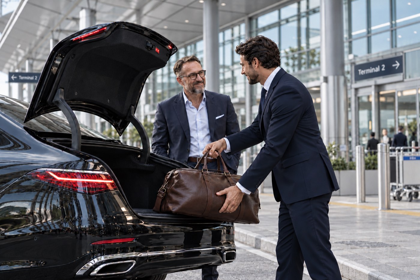 Chauffeur loading a business traveller’s bag into the boot of a saloon at the airport terminal – Mallorca shuttle for business trips and meetings