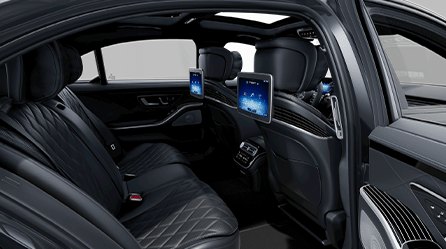 Rear cabin of the Mercedes-Benz S-Class with seat-back screens
