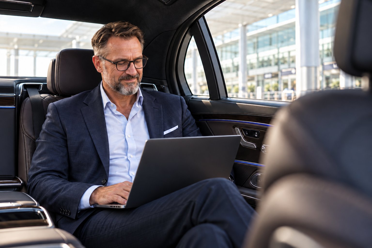 Flughafentransfer Berlin: Geschäftsreisender arbeitet am Laptop im Fond einer Limousine vor dem Flughafenterminal