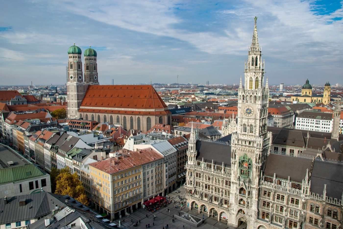 Frauenkirche and New Town Hall on Marienplatz in Munich from above