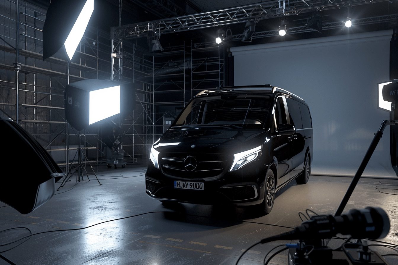 Black AYDEN Mercedes-Benz V-Class in a film studio with spotlights, scaffolding and a camera