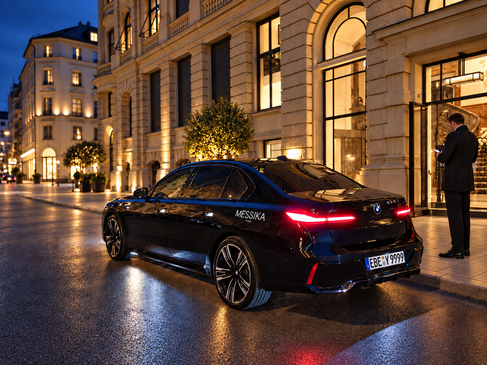 Schwarze BMW-Limousine von AYDEN mit Messika-Schild nachts vor einem beleuchteten Gebäude in München