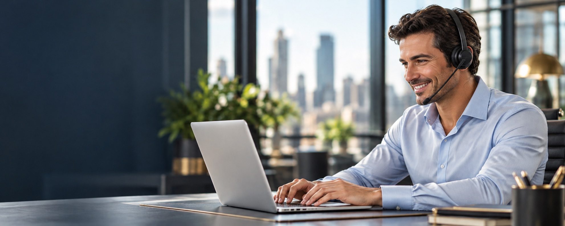 Smiling team member wearing a headset at a laptop in an office overlooking the skyline