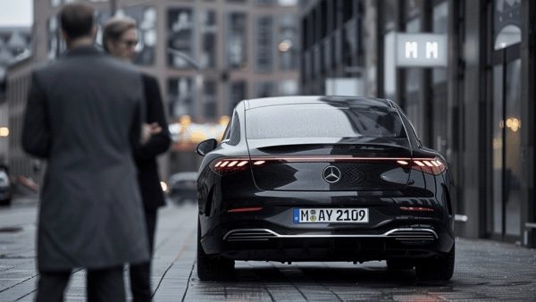 Rear of a black Mercedes-Benz saloon at the kerb, two people talking in the foreground