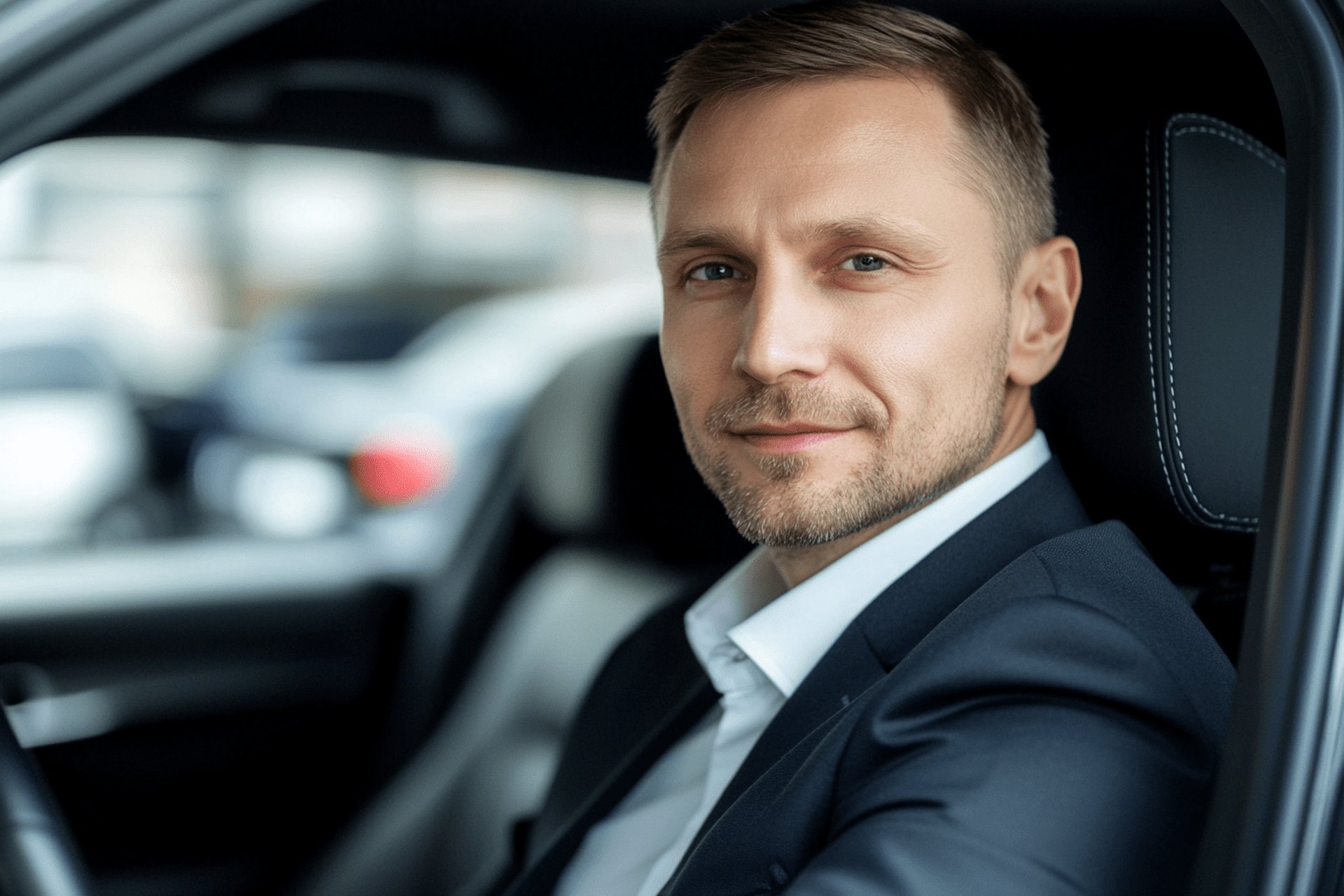 Chauffeur in a dark suit at the wheel of a saloon, smiling at the camera