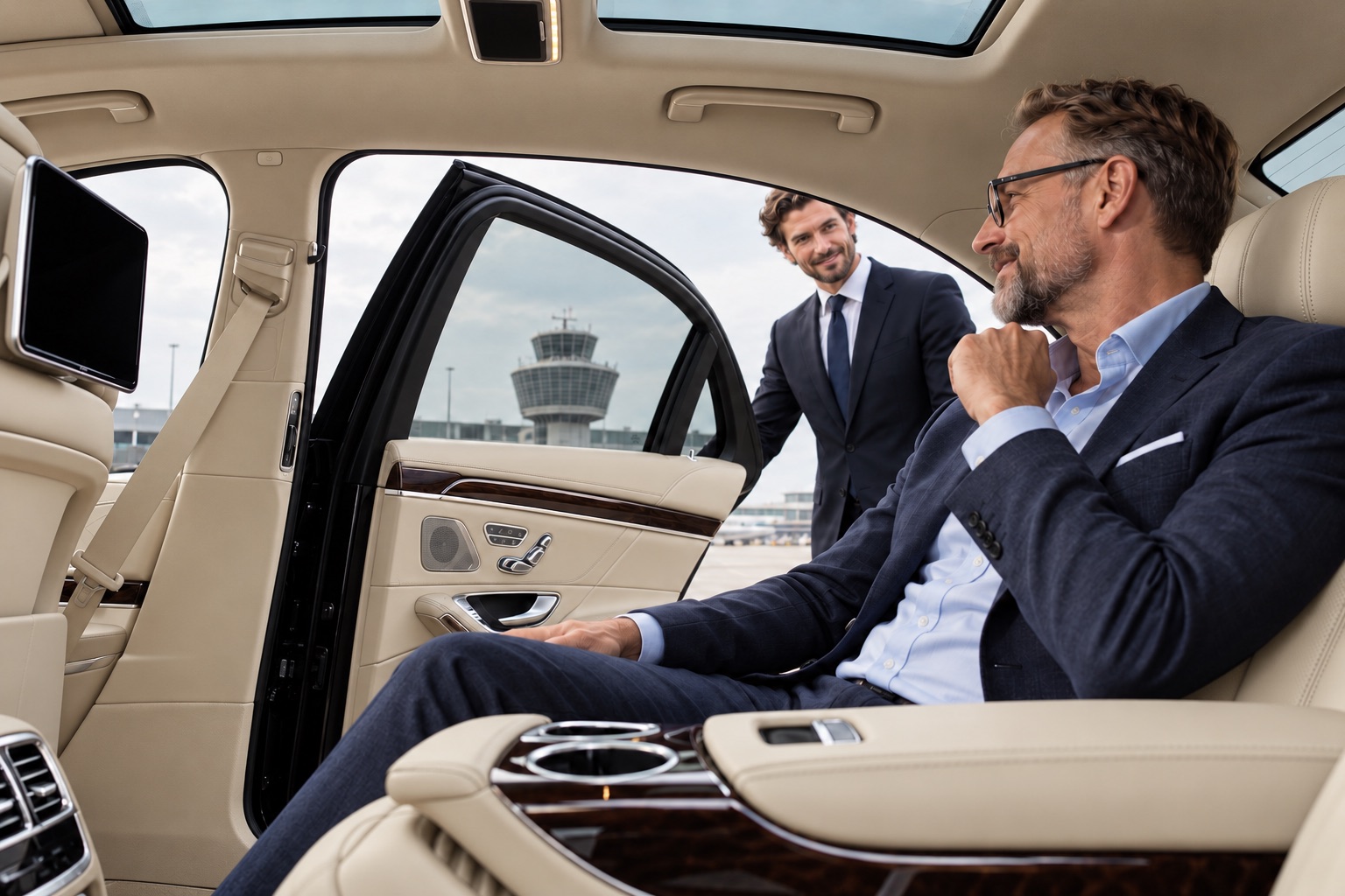 AYDEN chauffeur service: the chauffeur holds the door of the saloon at the airport, a businessman already seated in the back