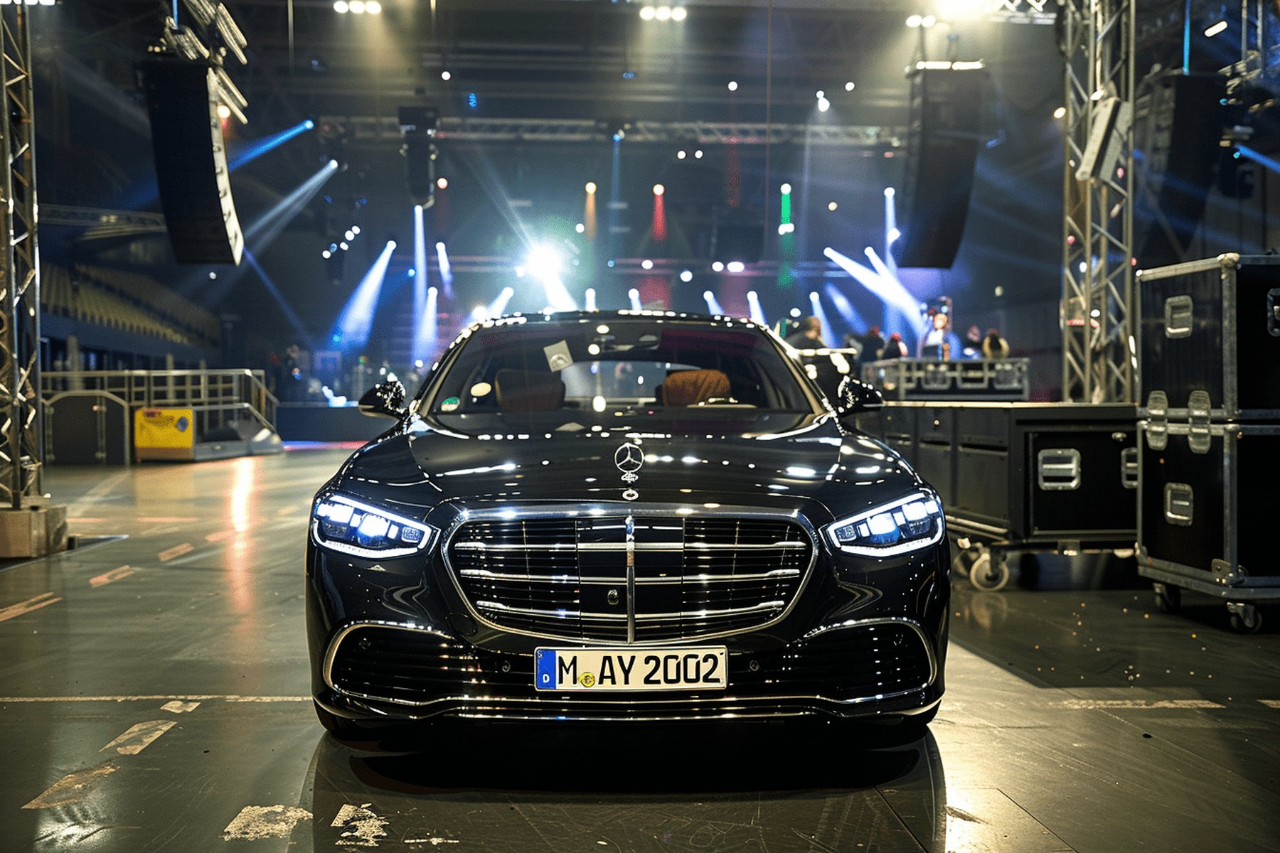 Black Mercedes-Benz S-Class in front of an illuminated concert stage with flight cases