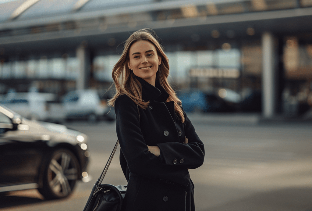 Momentaufnahme einer Frau die auf den Fahrer am Flughafen wartet