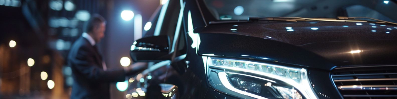Luxuslimousine mit leuchtenden Scheinwerfern bei Nacht – Chauffeur öffnet diskret die Tür, exklusiver Chauffeurservice von Ayden.