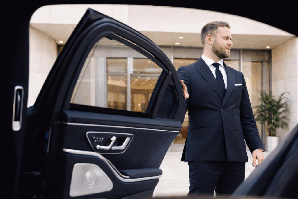 Professioneller Chauffeur öffnet die Tür einer Luxuslimousine – exklusiver Chauffeur Service von Ayden Chauffeurs & Limousines